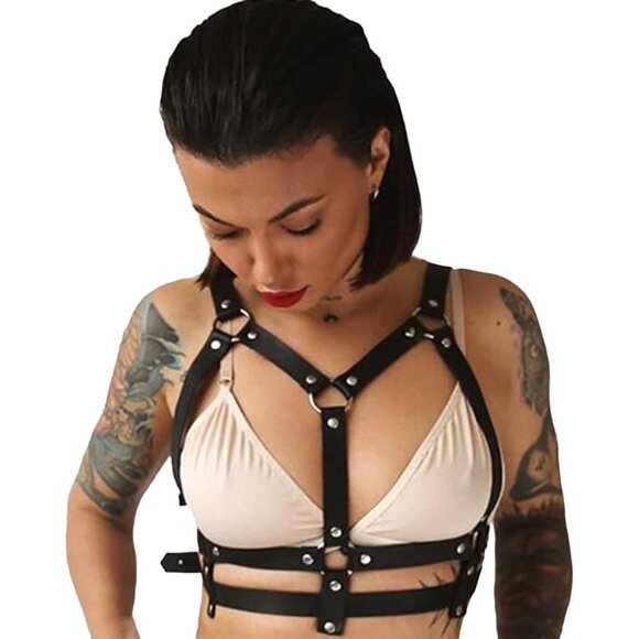 🆕Women Black Leather Chest Harness Body Waist Chain Rave Sexy Jewelry Accessory - Picture 1 of 5